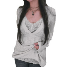 (M, White) T-shirt en maille pour femme, manches longues, col en V profond, uni, idéal pour l'automne et le quotidien.