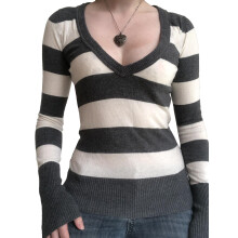 (M, Black White) Haut à manches longues pour femme, col V rayé, décontracté, idéal pour sorties et streetwear.