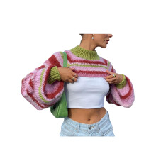 (M, Pink) Gilet en maille pour femme, style décontracté, rayé, ample, manches longues, col roulé, crop top streetwear