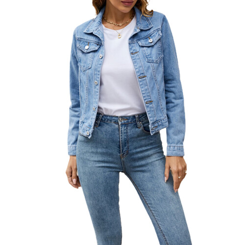(L, Light Blue) Γυναικείο μονόχρωμο τζιν μπουφάν με μακριά μανίκια και τσέπη