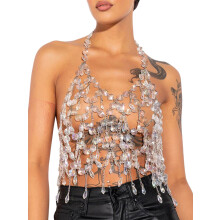 (One Size, Clear) Women Rhinestone Vest, Sleeveless Halterneck Backless Body Jewelry Summer Tops for Club Party