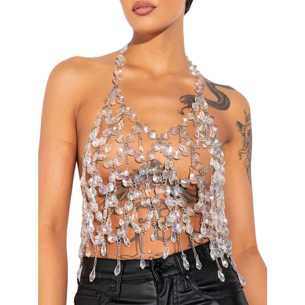 (One Size, Clear) Women Rhinestone Vest, Sleeveless Halterneck Backless Body Jewelry Summer Tops for Club Party
