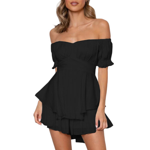 (M, Black) Γυναικεία κοντή φόρμα με κοντά μανίκια και ώμους για το Party Club 1