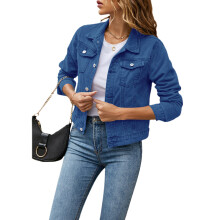 (L, Dark Blue) Womens Solid Color Denim Jacket, Casual Long Sleeve Button Down Chest Pocket Jean Jacket