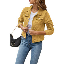 (M, Yellow) Womens Solid Color Denim Jacket, Casual Long Sleeve Button Down Chest Pocket Jean Jacket