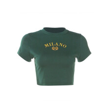 (L, Green) T-shirt cintré pour femmes, manches courtes, col rond, broderie lettres et chiffres, été/automne