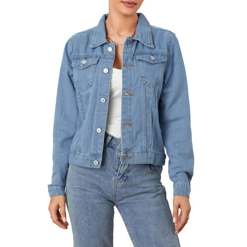 (L, Light Blue) Γυναικείο μονόχρωμο τζιν μπουφάν με μακριά μανίκια και τσέπη 1