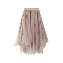 (One Size, Apricot) Women Irregular Tulle Tutu Skirt Casual Shiny Star Sequin Elastic Mesh Princess Skirt for Streetwear