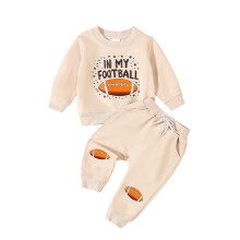 (6-12 Months, Apricot) Conjunto de otoño para niño: jersey de manga larga con cuello redondo y estampado de fútbol, y pantalones largos.