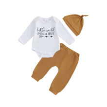 (0-3 Months, White) Conjunto de otoño para bebé: pelele de manga larga, pantalones lisos y gorro (3 piezas)