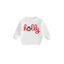 (3-4 Years, White) Kids Christmas Sweater, Long Sleeve Crew Neck Letters Warm Winter Sweater Clothes for Girls Boys