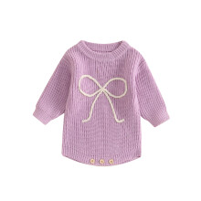 (66, PURPLE) Dívčí svetr/romperky s mašlí, vyšívaný kulatý výstřih s dlouhým rukávem, podzimní body/overály