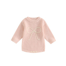 (18-24 Months, Pink) Dívčí svetr/romperky s mašlí, vyšívaný kulatý výstřih s dlouhým rukávem, podzimní body/overály