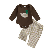 (6-12 Months, Brown) Conjunto de otoño para bebé niño: pelele de manga larga con bordado de pato y pantalón a cuadros.