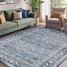 Thin Vintage Blue 5x7 Area Rug, Retro Washable Non-Slip Low-Pile Faux Wool Carpet, Distressed Navy Floor Mat for Living Room, Bedroom, Kitchen,
