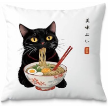 Vtipné anime vintage čierne mačky japonské ramen rezance obliečky na vankúše 18x18, estetické čierne mačky umelecké maľovanie dekorácie