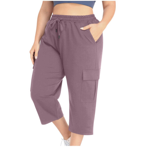 Γυναικείο Capri Plus Size, Μοντέρνο Μονόχρωμο Παντελόνι με Λάστιχο και Τσέπες στη Μέση, 1