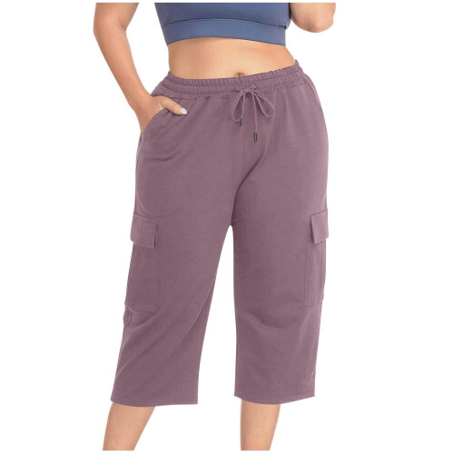 Γυναικείο Capri Plus Size, Μοντέρνο Μονόχρωμο Παντελόνι με Λάστιχο και Τσέπες στη Μέση, 2
