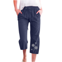 Pantaloni Capri da donna in lino, cotone e lino con tasche, stampa floreale, casual estivi
