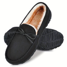 Hyggelige memory foam moccasin hjemmesko – plys pelsfor, skridsikker sål, indendørs/udendørs, sort/brun/brun, sløjfedetalje