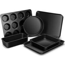 6-delt bagesæt i rustfrit stål med nonstick-belægning: 8x8 firkantet/rund form, muffinform, brødform, bageplade, bageplade – kompatibel med