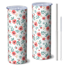 Bicchiere termico Pioneer Flower Floral da 20 oz (590 ml) con cannuccia e coperchio – Doppia parete con isolamento sottovuoto, a prova di perdite,