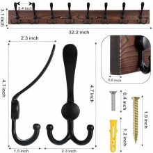 Porte-manteau mural de 82 cm (32,2 po) avec 8 crochets triples noirs et planche en pin brun – Compatible avec les murs standards