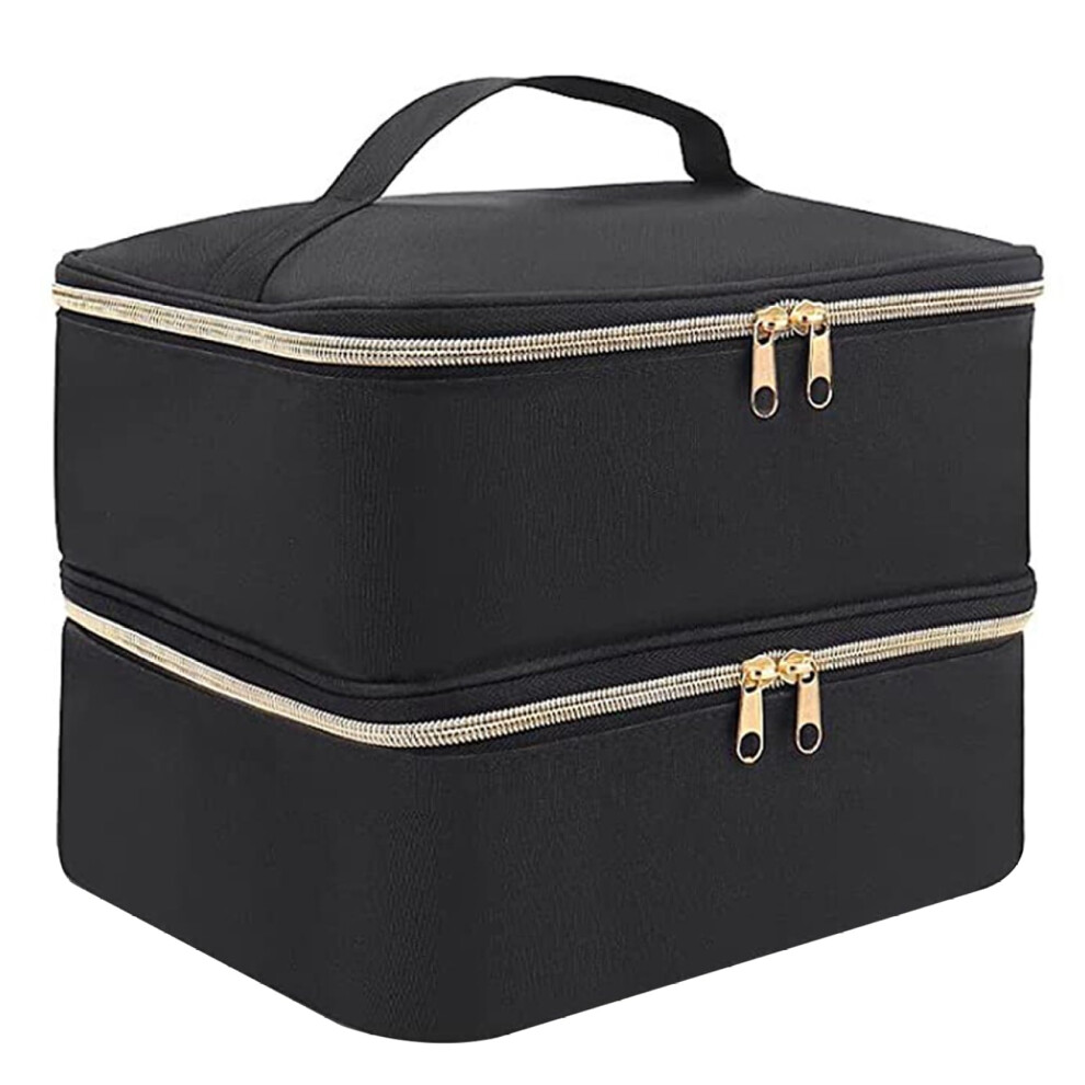 Black Nail Polish Organizer Double Layer Storage Case With Handle For 30 Bottles And Manicure Tools