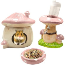 Keramische hamsterhut in paddenstoelvorm, waterfles met standaard, voerbak, hamsteraccessoires (roze)