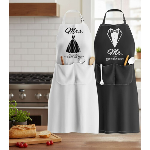 Couples Apron Set Kitchen Gift for Wedding or Christmas