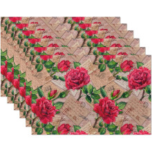 Jogo de 6 jogos americanos com estampa de rosas vermelhas, em linho vintage, laváveis e resistentes ao calor, 30x45cm, ideais para casa, festas e