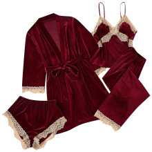 Damespyjamaset, casual fluwelen kanten pyjamaset in effen kleur, vierdelige set, luxe nachtkleding voor vrouwen.