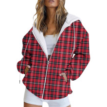 Winterliche, gestreifte und bedruckte Langarmjacke mit Taschen, Kapuze und Kordelzug, Reißverschluss – ein lässiges Sweatshirt für Damen.