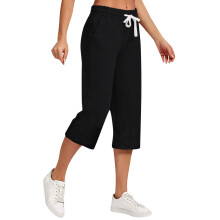 Calça Capri VERUGU Feminina com Cordão, Tamanho Grande, Lisa, Casual, Versátil, Solta e Curta, Preta, Tamanho P