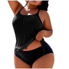Kukoosong Tankini Set voor Dames in Grote Maten, Hoog Taille Broekje, Uitneembare Vulling, Buikcorrigerend, Verstelbaar Trekkoord – Effen Kleur