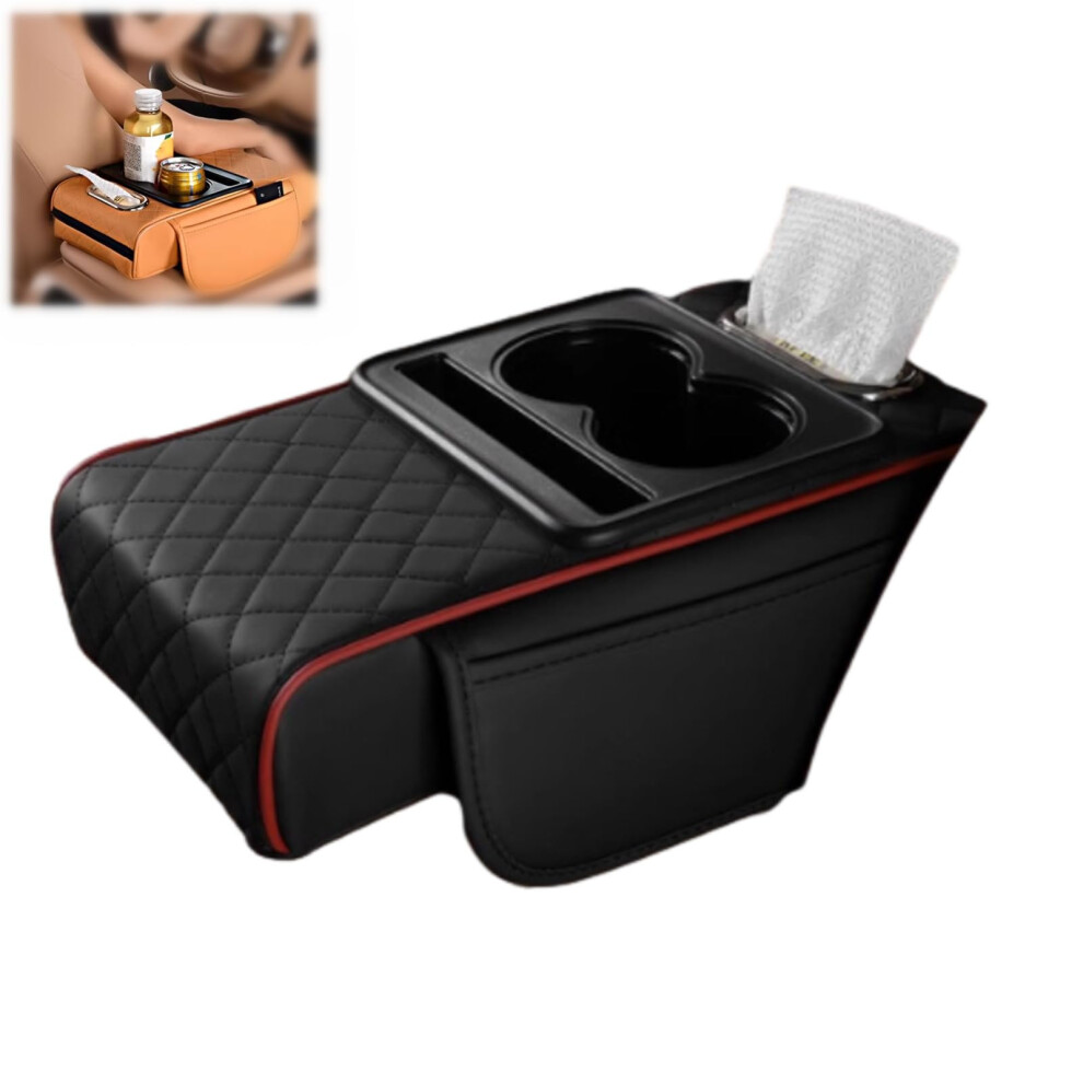 Car Armrest Cushion Pu Leather With Cup Holder, Storage Organizer, Tissue And Phone Slot Blackishred 9169991200699
