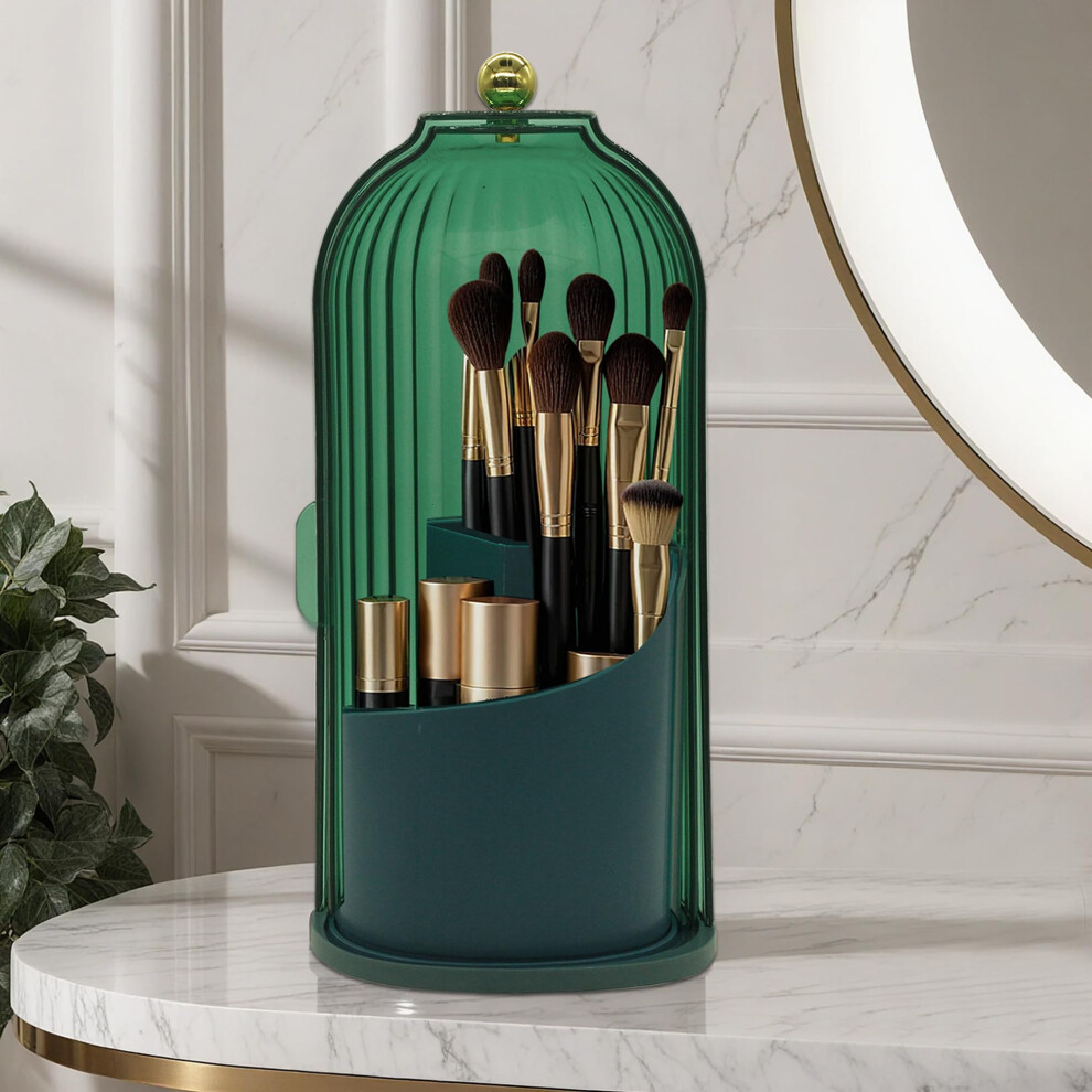 Green Makeup Brush Holder With Lid 360 Rotating Waterproof Dustproof Organizer For Vanity Countertop