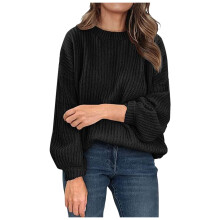 Schwarzer, übergroßer Damen-Rippstrickpullover mit langen Ärmeln und Rundhalsausschnitt – passend für Herbst-/Winteroutfits