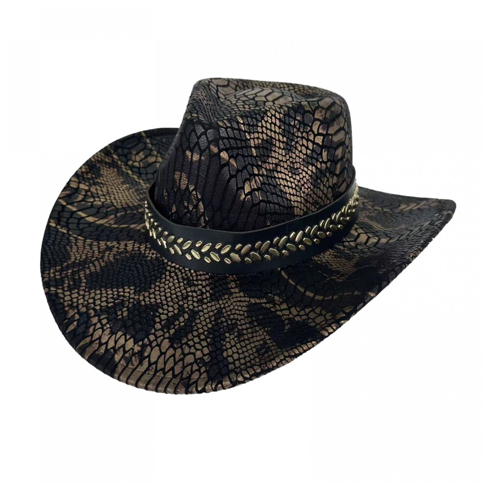 (One Size, ) Western Cowgirl Hats For Men And Women Rolled Wide Brim Snake Skin Print Panama Jazz Hat Gold