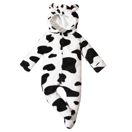 Combinaison bébé à manches longues, imprimé vache, à capuche, blanche, 0-3