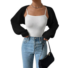 (M, Black) Gilet court ouvert sur le devant pour femme, manches longues, couleur unie, maille côtelée, style boléro