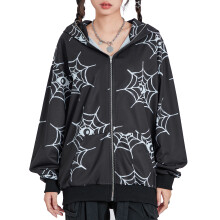 (S, Black) Sweat à capuche femme, pull zippé à manches longues imprimé toile d'araignée, coupe ample