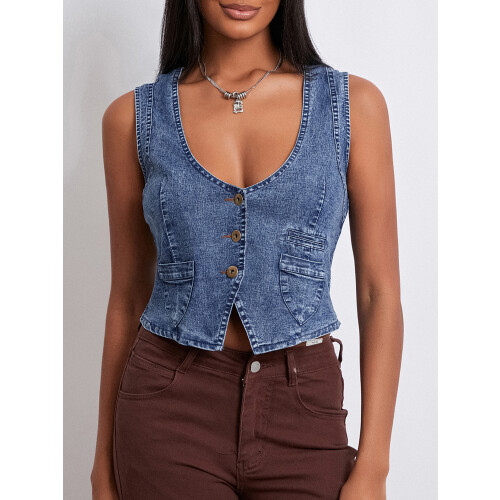 (L, Blue) Γυναικείο τζιν γιλέκο, casual στυλ 1
