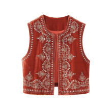 (L, Orange) Chaleco de mujer, sin mangas, abierto al frente, con bordado de flores y lentejuelas, para uso informal en la calle.