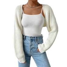 (L, White) Gilet court ouvert sur le devant pour femme, manches longues, couleur unie, maille côtelée, style boléro