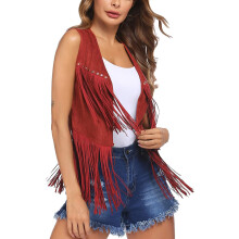 (M, Red) Chaleco hippie para mujer, ligero, de color sólido, abierto al frente, sin mangas, con borlas, para ropa de calle.
