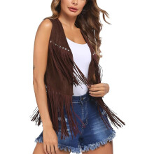(S, Dark brown) Chaleco hippie para mujer, ligero, de color sólido, abierto al frente, sin mangas, con borlas, para ropa de calle.