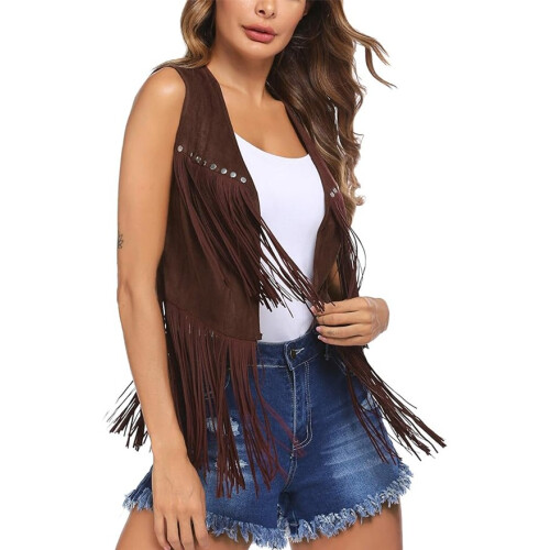 (S, Dark brown) Γυναικείο γιλέκο χίπηδων, για streetwear
