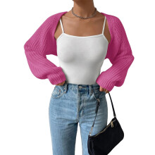 (L, Pink) Gilet court ouvert sur le devant pour femme, manches longues, couleur unie, maille côtelée, style boléro