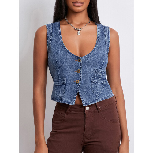 (L, Blue) Γυναικείο τζιν γιλέκο, casual στυλ 2